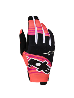 Gants Alpinestars Techstar 2027, gants de moto tout-terrain roses et noirs avec graphismes sublimés et articulations en néoprène.