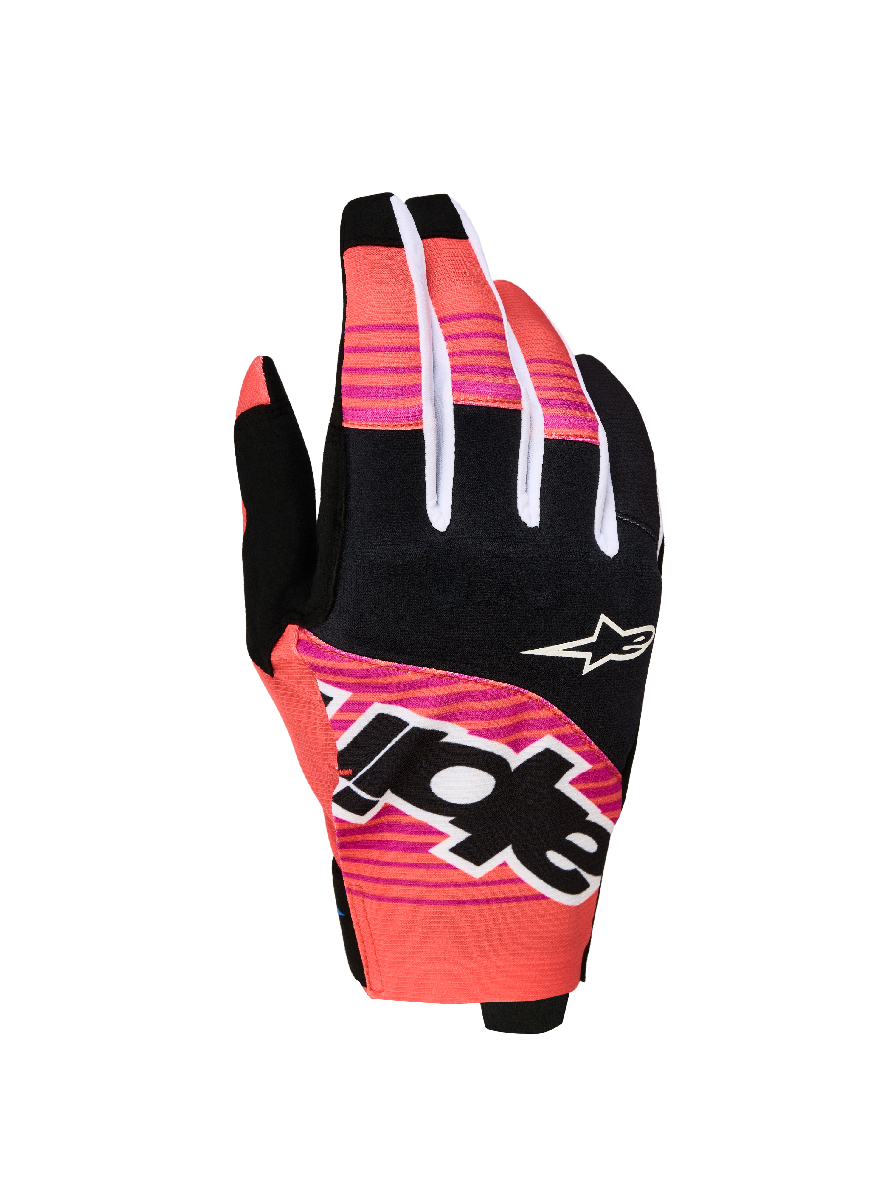 Gants Alpinestars Techstar 2027, gants de moto tout-terrain roses et noirs avec graphismes sublimés et articulations en néoprène.