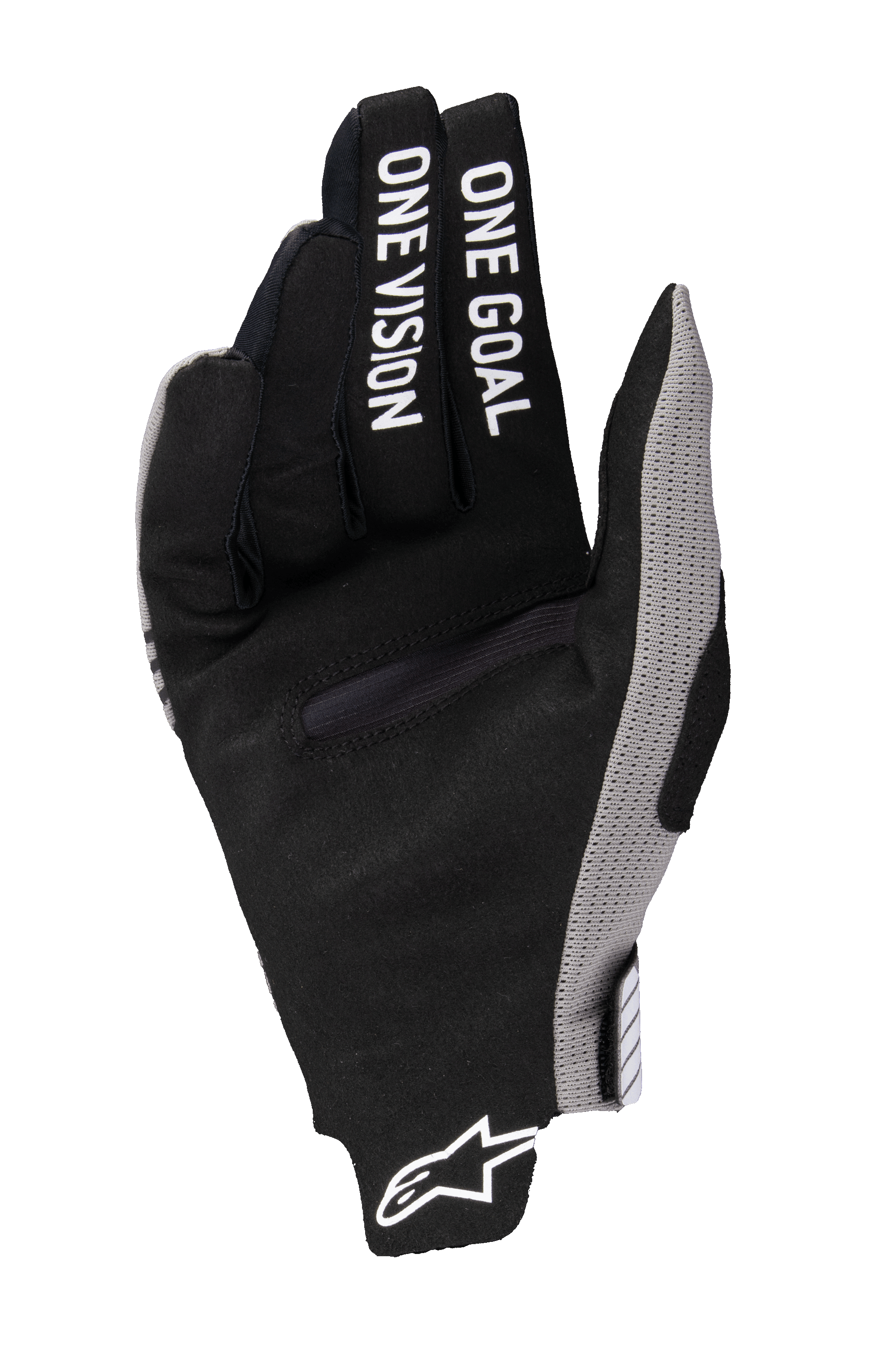 Gants Alpinestars Radar Pro 2025, gants de motocross, noirs avec accents gris, vue de la paume avec l'inscription « ONE GOAL ONE VISION » sur les doigts, en daim synthétique, design minimaliste pour la performance tout-terrain