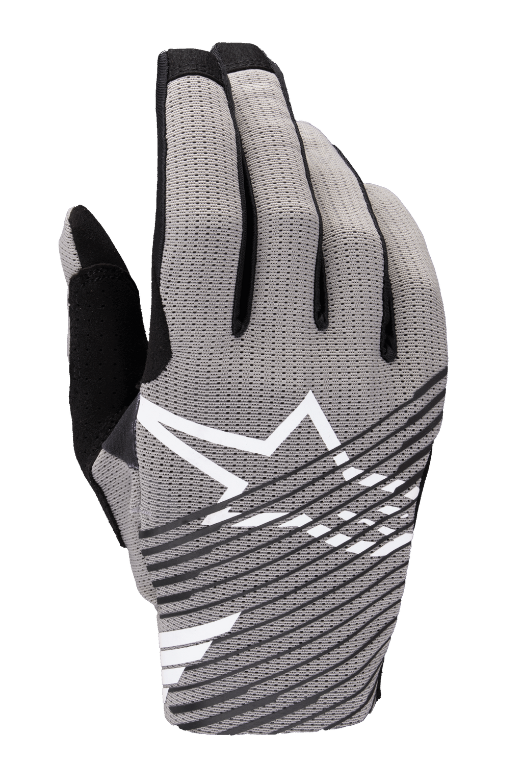 Gants Alpinestars Radar Pro 2025, gants de motocross, gris avec accents noirs et blancs, dotés d'un dos en mesh extensible 4 directions respirant, logo étoile blanc, design à rayures diagonales noires, style de course performant minimaliste
