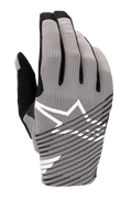 Gants Alpinestars Radar Pro 2025, gants de motocross, gris avec accents noirs et blancs, dotés d'un dos en mesh extensible 4 directions respirant, logo étoile blanc, design à rayures diagonales noires, style de course performant minimaliste