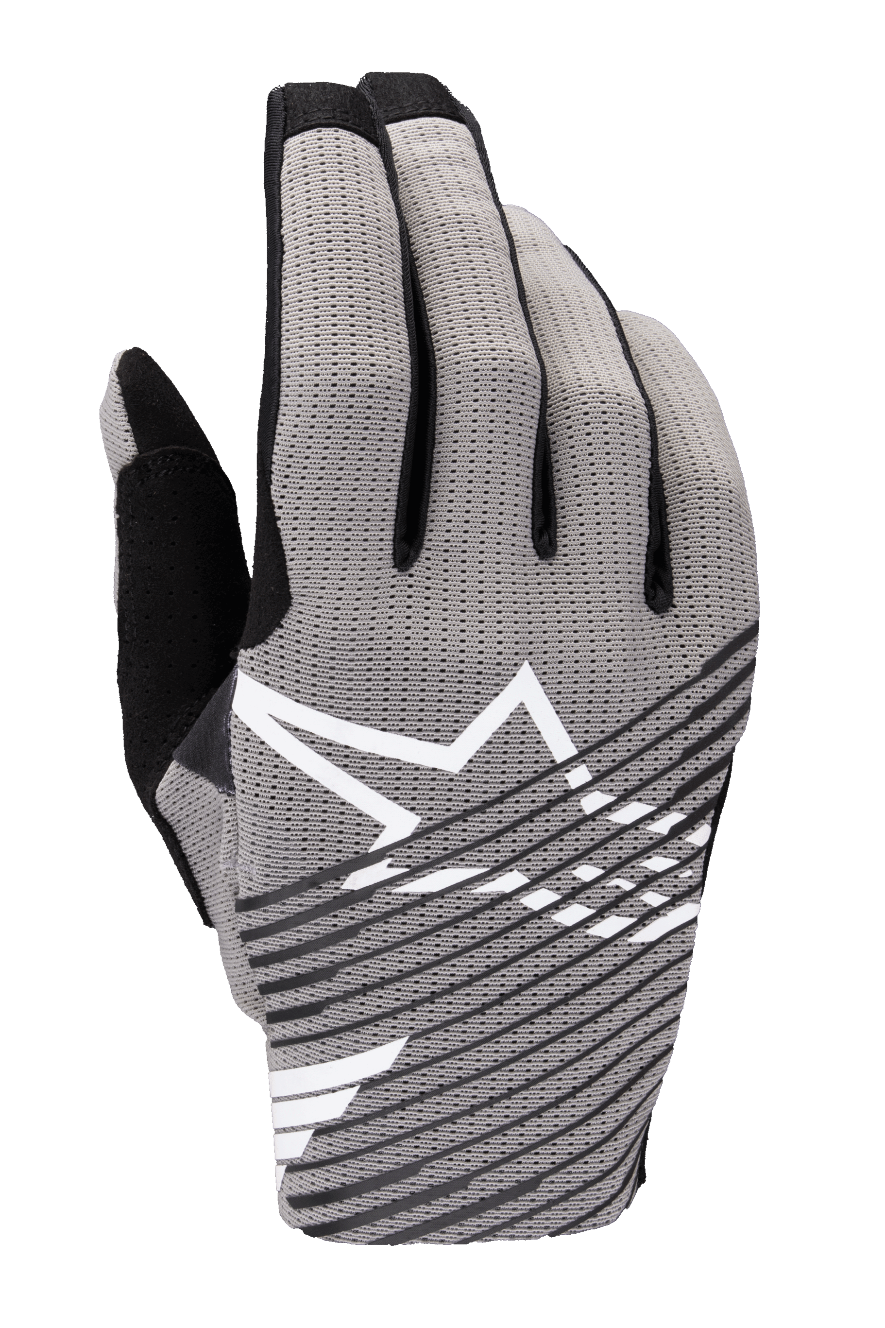 Gants Alpinestars Radar Pro 2025, gants de motocross, gris avec accents noirs et blancs, dotés d'un dos en mesh extensible 4 directions respirant, logo étoile blanc, design à rayures diagonales noires, style de course performant minimaliste