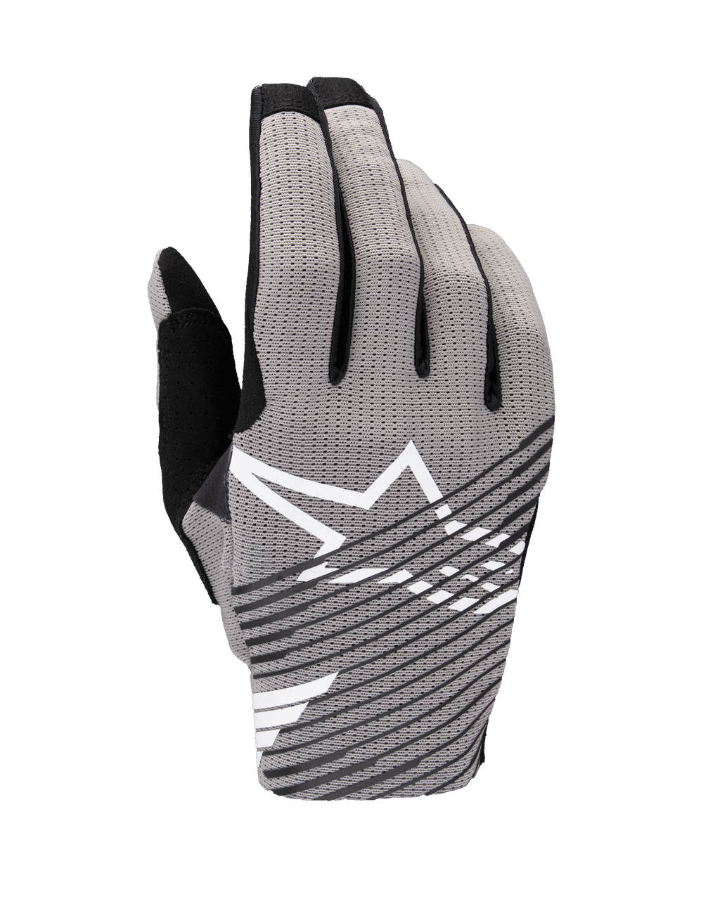 Gants Alpinestars Radar Pro 2025, gants de motocross, gris et noir, vue du dos de la main avec maille extensible 4 directions respirante, logo étoile blanc et rayures diagonales noires, conçus pour la performance et la circulation de l'air