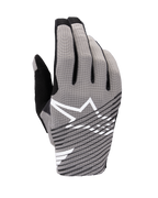 Gants Alpinestars Radar Pro 2025, gants de motocross, gris et noir, vue du dos de la main avec maille extensible 4 directions respirante, logo étoile blanc et rayures diagonales noires, conçus pour la performance et la circulation de l'air