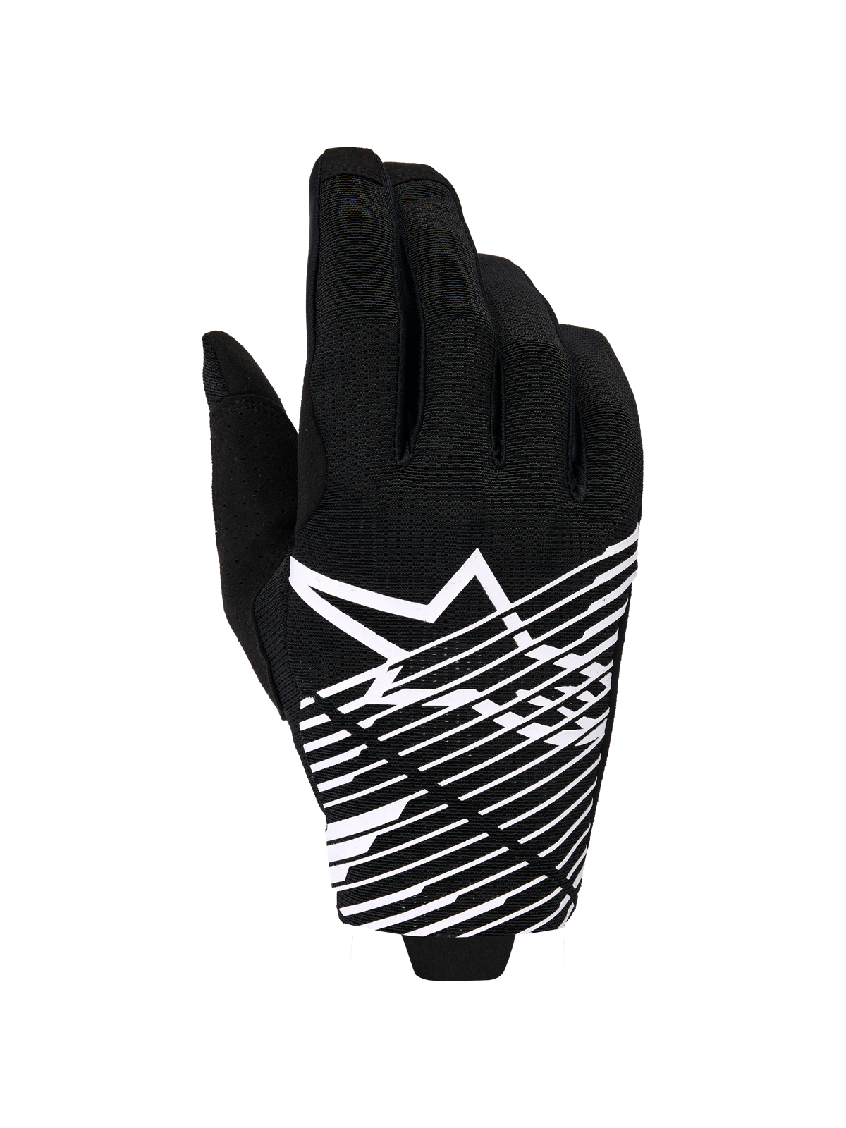 Alpinestars 2026 Radar Pro Gloves, Motocross Gloves, Black and White, featuring a white star logo and diagonal line graphic on the backhand, breathable mesh material with perforated details, performance off-road styling