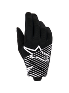 Alpinestars 2026 Radar Pro Gloves, Motocross Gloves, Black and White, featuring a white star logo and diagonal line graphic on the backhand, breathable mesh material with perforated details, performance off-road styling