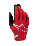 Gants Alpinestars Radar Pro 2025, gants de motocross, rouge vif, noir et blanc, avec un grand logo étoile blanche et des rayures diagonales noires sur le dos de la main en maille respirante, équipement de performance léger pour la course tout-terrain
