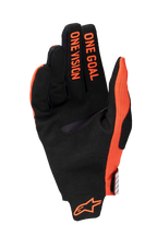 Alpinestars 2025 Radar Pro Gloves, Motocross Gloves, Hot Orange and Black, palm view featuring 'ONE GOAL ONE VISION' text on fingers and orange logo at the wrist, synthetic suede and breathable mesh construction for off-road performance.