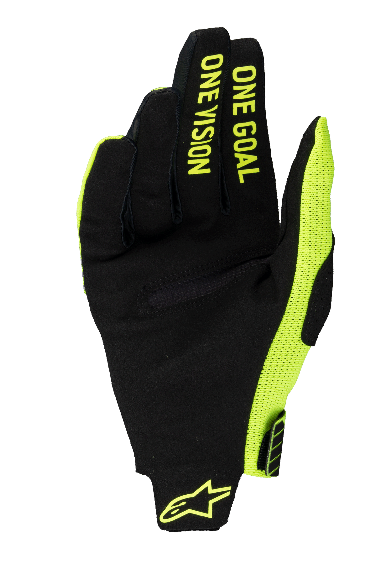 Alpinestars Radar Pro 2025, gants de motocross, jaune fluo et noir, vue de la paume en daim synthétique avec le texte « ONE GOAL ONE VISION » sur les doigts, panneau latéral en maille jaune fluo et logo au poignet.
