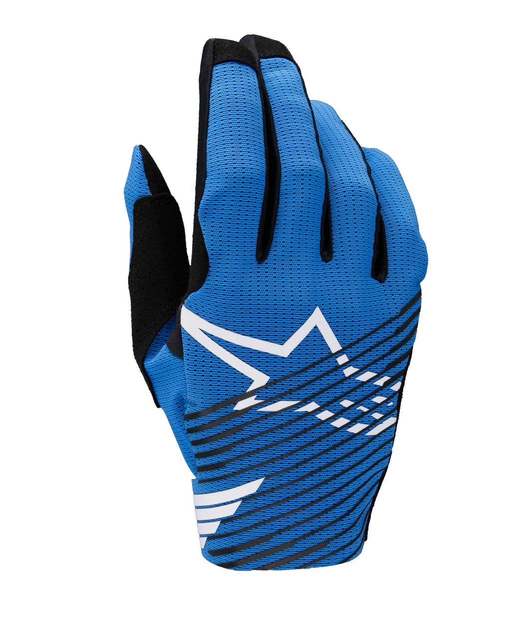 Gants Alpinestars Radar Pro 2025, gants de motocross, bleus avec logo Astar blanc et rayures diagonales noires, design en maille légère et respirante pour la performance tout-terrain