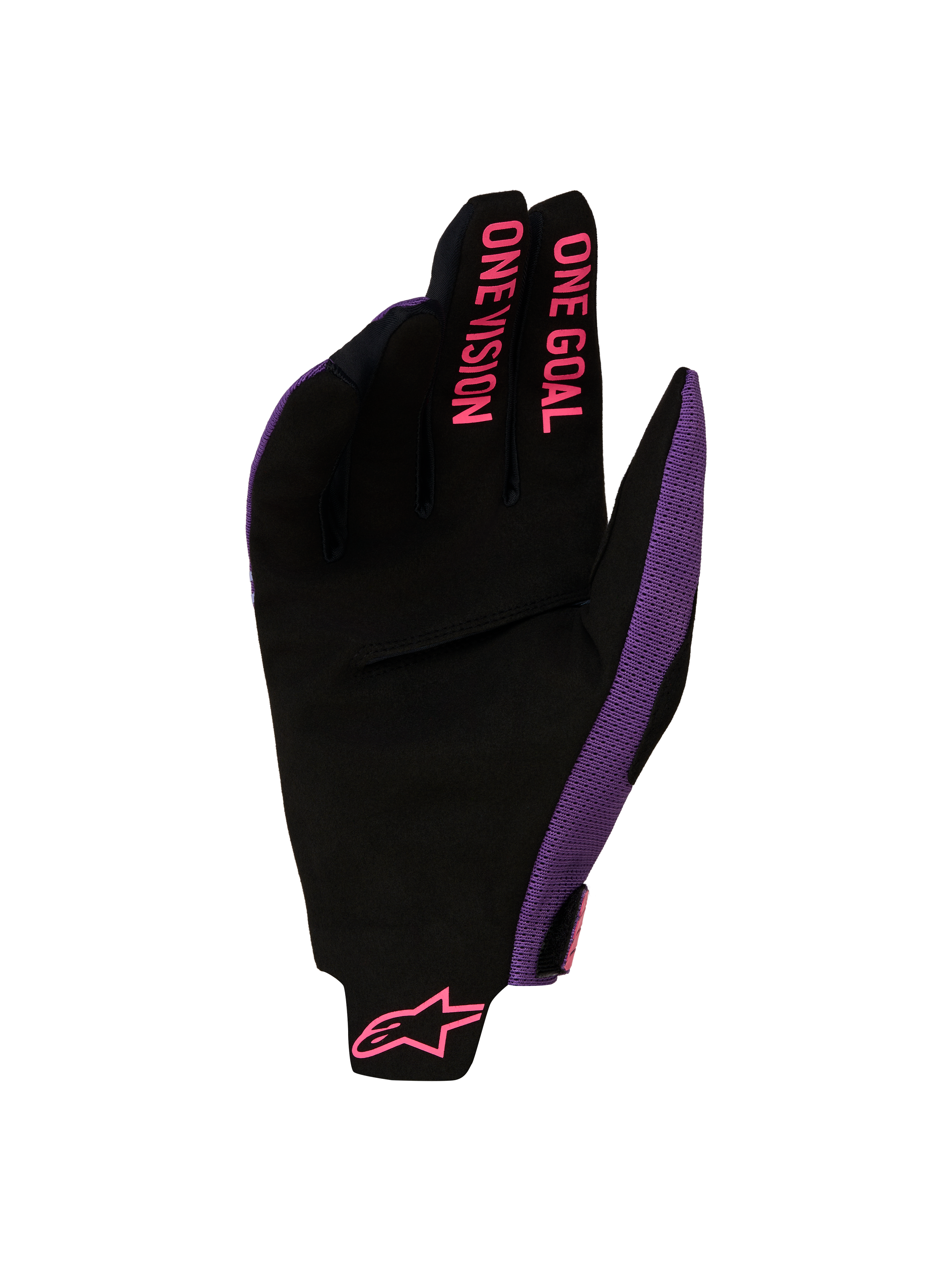 Gants Alpinestars Radar Pro 2027, gants de motocross noirs et violets avec graphismes roses ONE GOAL ONE VISION sur les doigts.
