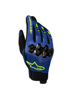 Gants de moto Alpinestars Megawatt V2 Air, gants d'enduro pour homme bleus et noirs, vue de face mettant en valeur la protection des phalanges et la construction en mesh 3D