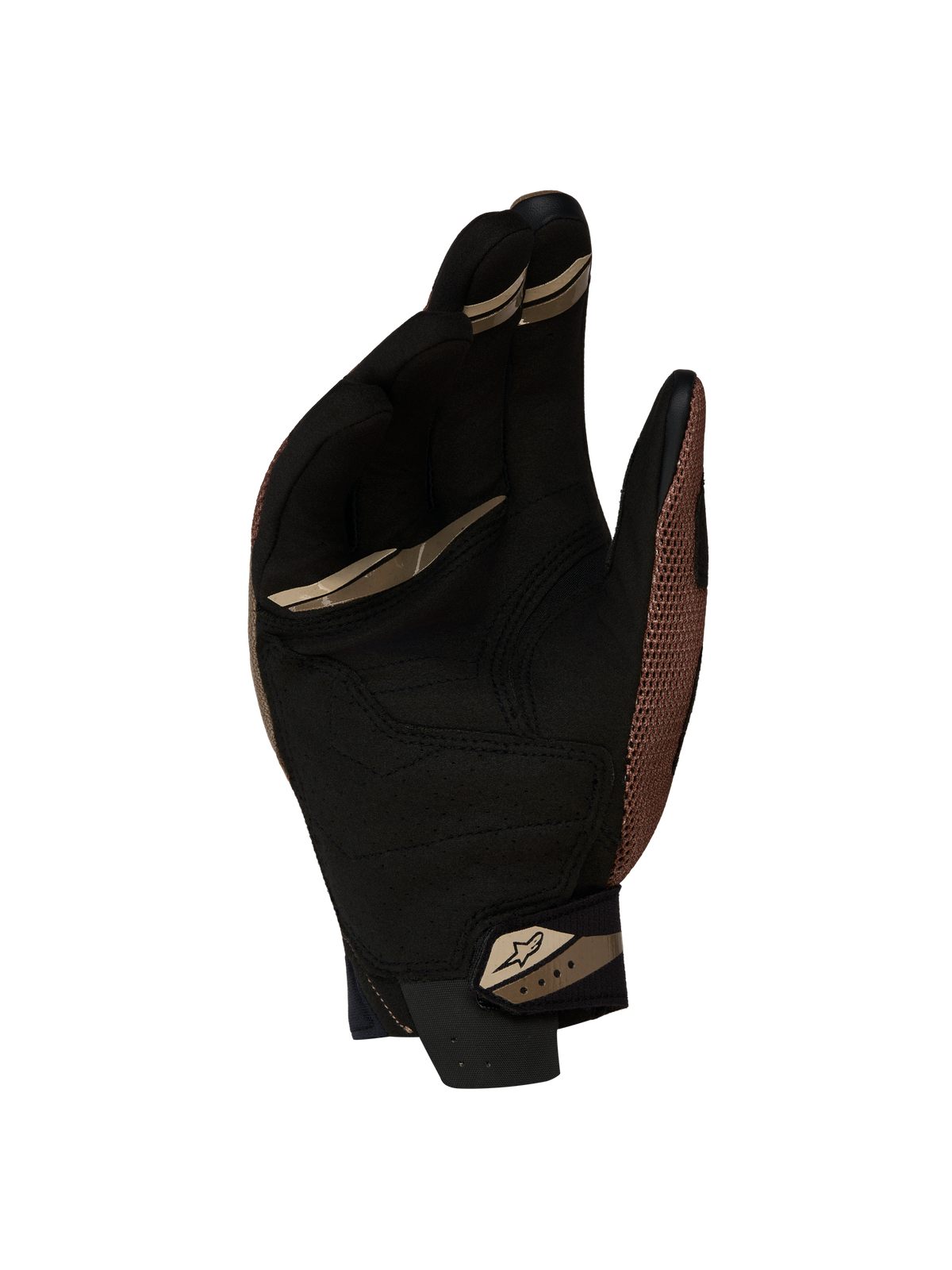 Alpinestars Megawatt V2 Air Gants, gants de moto tout-terrain, noir et marron, vue de la paume montrant la construction en suède synthétique et la fermeture sécurisée au poignet
