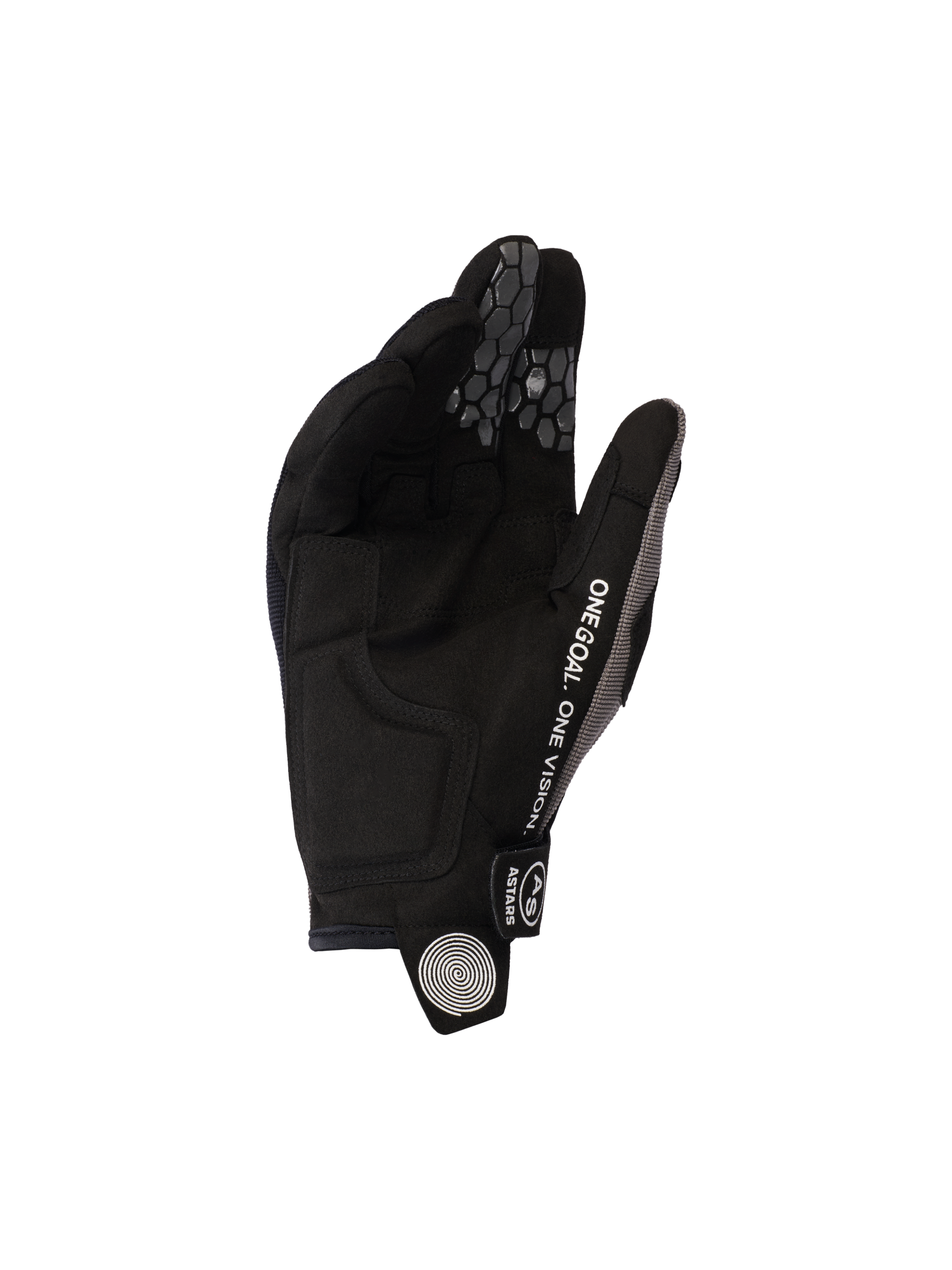 Alpinestars 2026 Pro-Dura Gloves, Black Gray, view of synthetic suede palm and silicone honeycomb finger grips, featuring 'ONE GOAL. ONE VISION.' text and white spiral logo on the pull tab, durable off-road motorcycle gear
