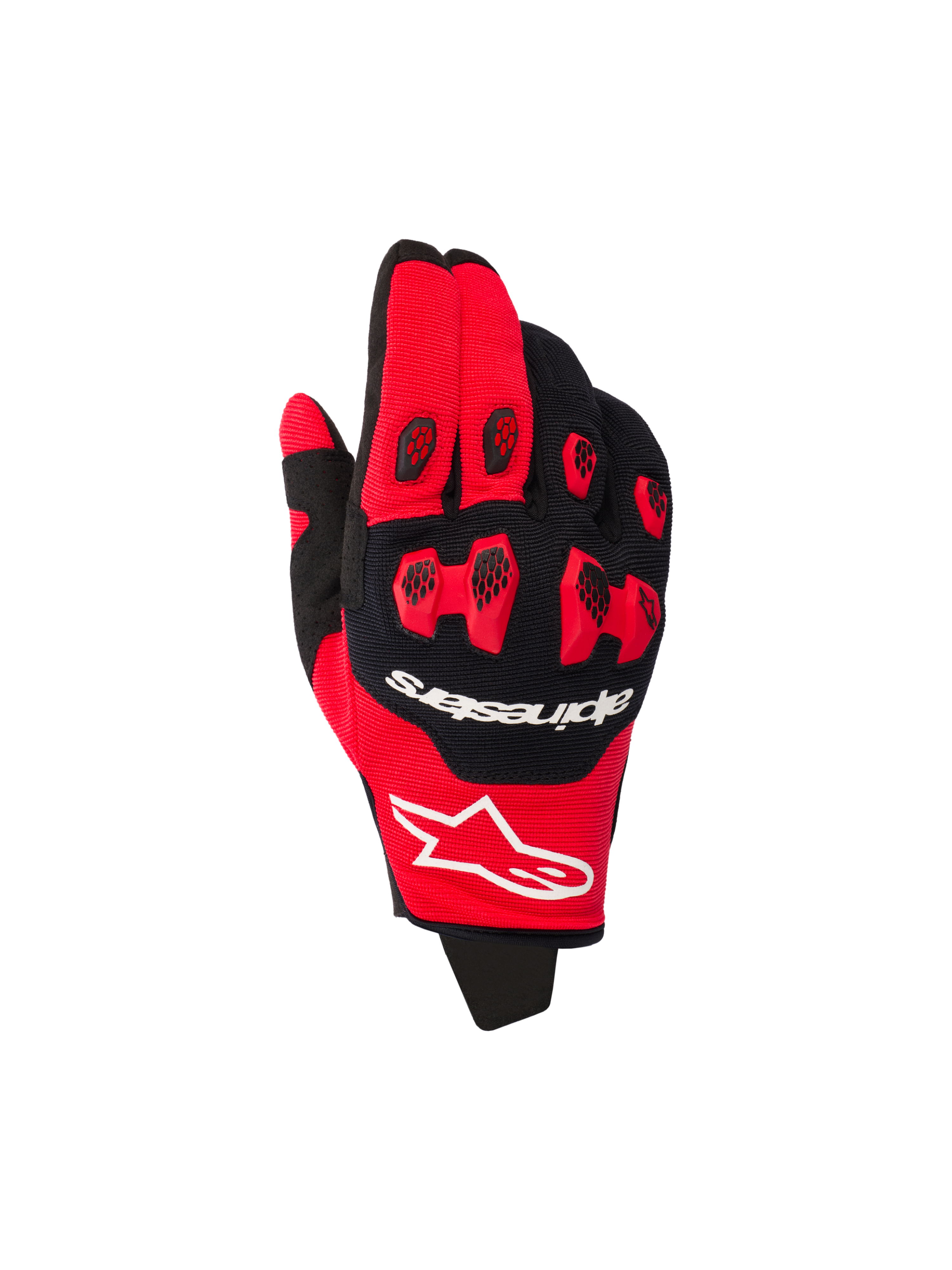 Alpinestars 2026 Pro-Dura Gloves, Motocross Gloves, Bright Red and Black, featuring red TPR knuckle protection with black honeycomb inserts, white brand logos, multi-panel stretch construction for off-road racing