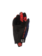 Alpinestars 2026 Pro-Dura Gloves, palm side view, Navy Hot Orange and White, black synthetic suede palm with orange hexagonal silicone grip on fingers, orange 'ONE GOAL. ONE VISION.' text, and black wrist closure with white branding.