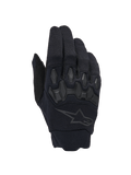 Alpinestars Full Bore V2 Gloves, Black Motocross Gloves, featuring ergonomic TPR knuckle protectors and breathable stretch fabric, subtle black star logo on the backhand, high-performance off-road gear