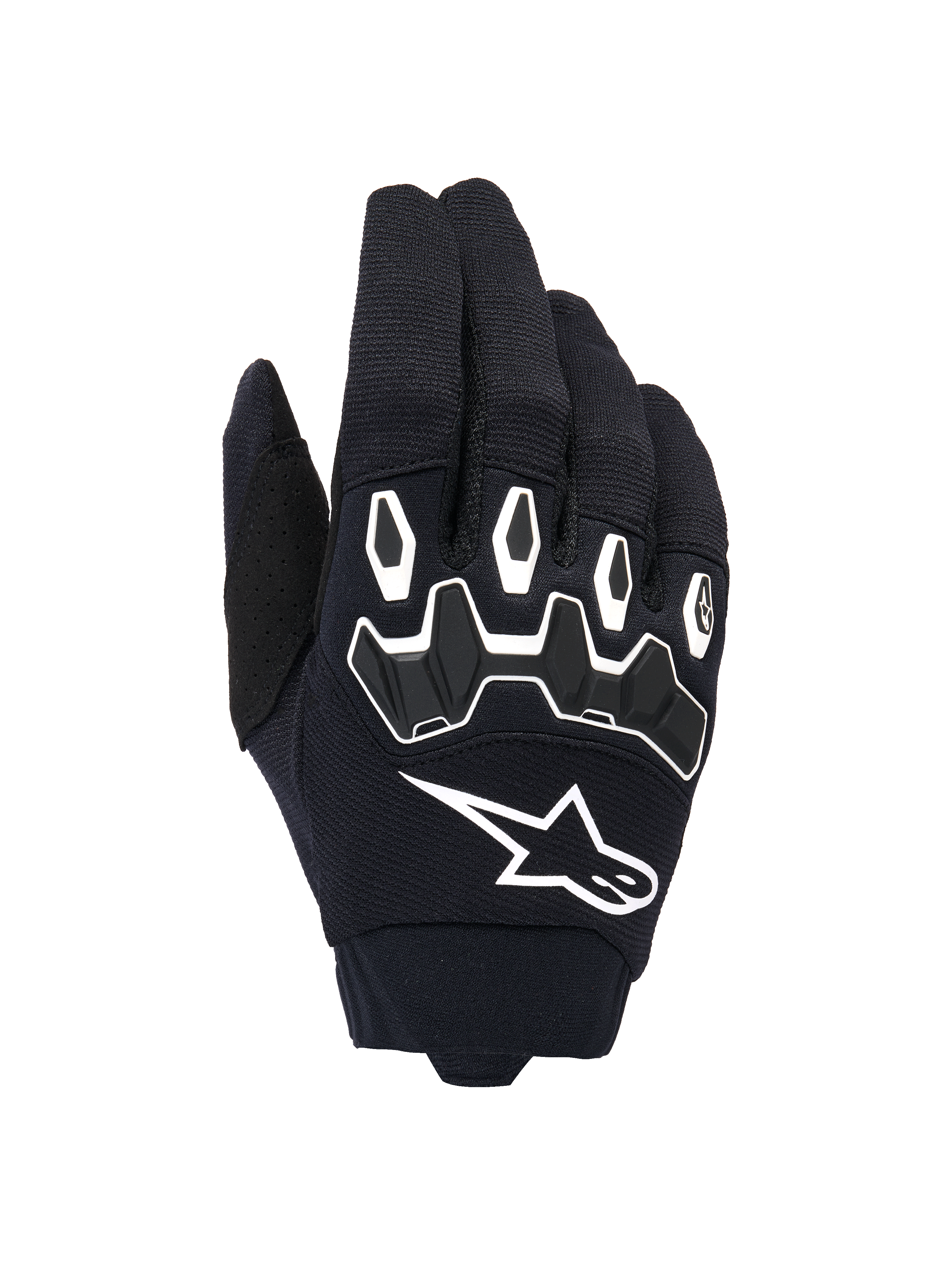 Gants Alpinestars Full Bore V2, gants de motocross, noir et blanc, vue du dos de la main montrant une protection ergonomique des articulations en TPR aux formes hexagonales, logo Alpinestars blanc, construction textile extensible respirante, équipement de course tout-terrain durable