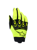 Alpinestars Full Bore V2 Gloves, Motocross Off-Road Gloves, Yellow Fluo and Black, featuring ergonomic TPR knuckle protection and Alpinestars star logo on the backhand, breathable stretch fabric with neoprene cuff