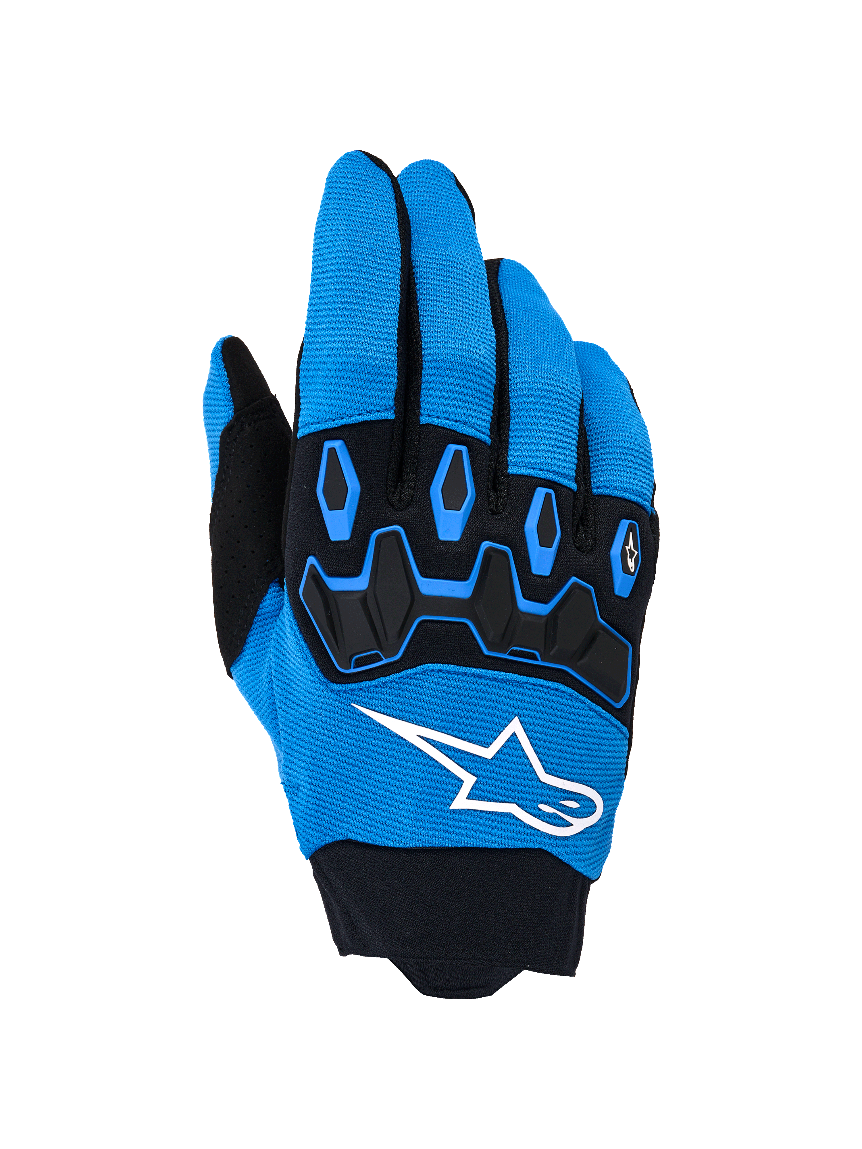 Gants Alpinestars Full Bore V2, gants de motocross, bleu UCLA et noir, avec un logo blanc imposant et une protection des articulations en TPR noir sur le dos de la main en tissu extensible respirant, conçus pour la compétition tout-terrain haute performance