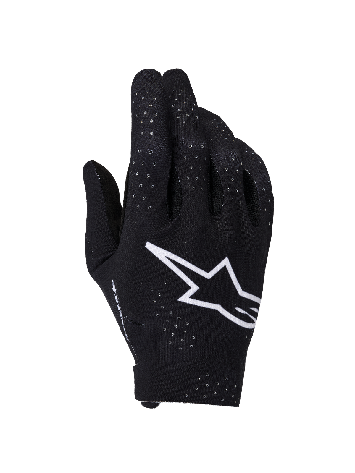 Gants Alpinestars Supertech MX, gants de motocross, noir et blanc, vue du dos de la main avec un grand logo Astars blanc, perforations laser pour la ventilation et design ergonomique sans couture pour la course tout-terrain