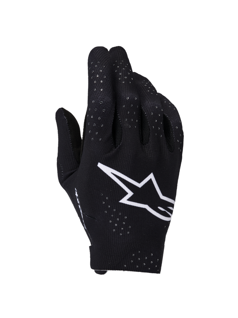 Gants Alpinestars Supertech MX, gants de motocross, noir et blanc, vue du dos de la main avec un grand logo Astars blanc, perforations laser pour la ventilation et design ergonomique sans couture pour la course tout-terrain