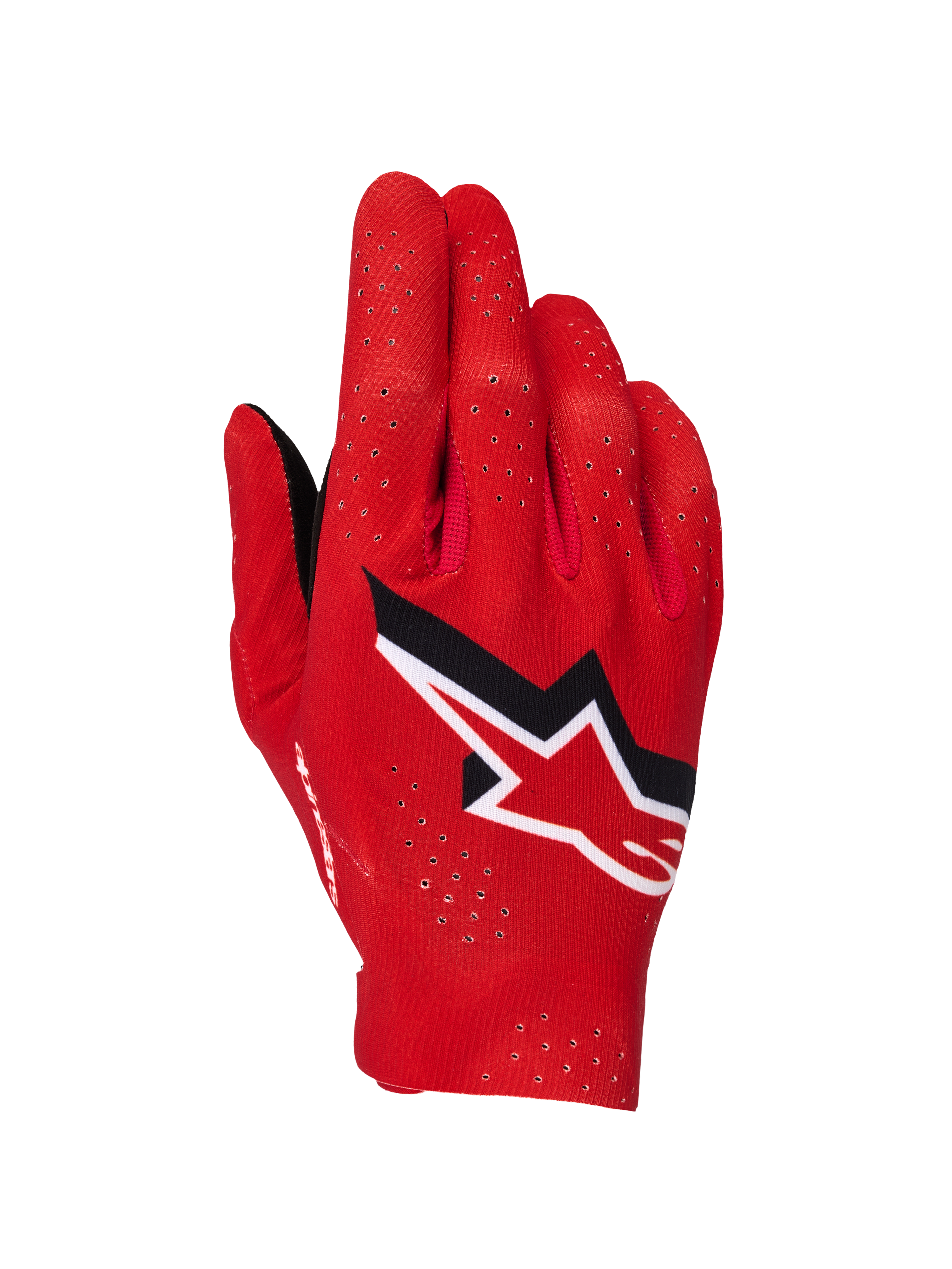 Alpinestars Supertech MX Gloves, Motocross Gloves, Fire Red Black and White, backhand view showing laser perforations for ventilation, prominent white and black Alpinestars star logo, lightweight stretch fabric design for off-road racing