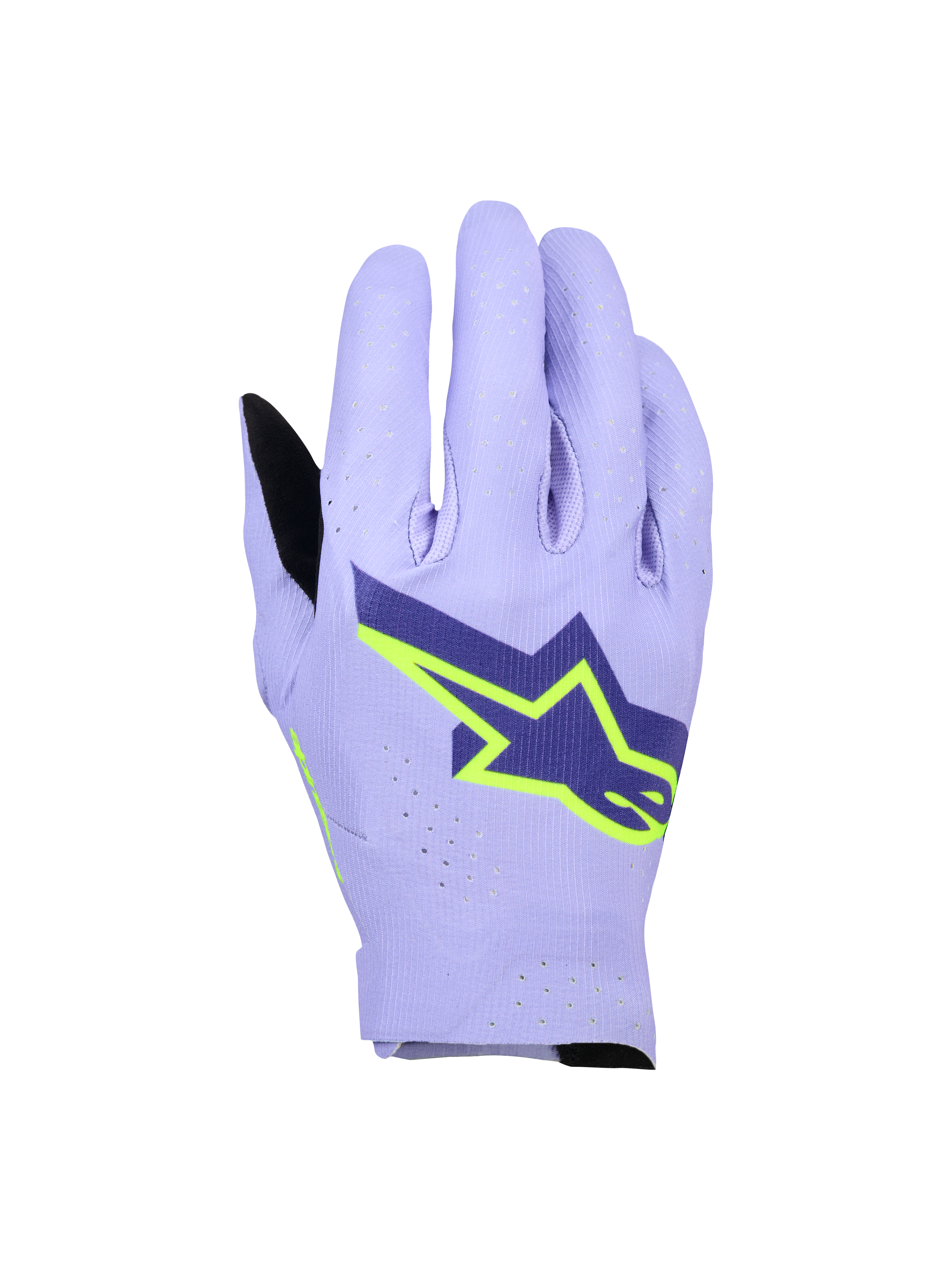 Alpinestars Supertech MX Gloves, Motocross Racing Gloves, Lavender Violet and Fluo Yellow, featuring a large navy and neon yellow star logo, laser-perforated backhand for breathability, lightweight single-layer stretch design for off-road racing.