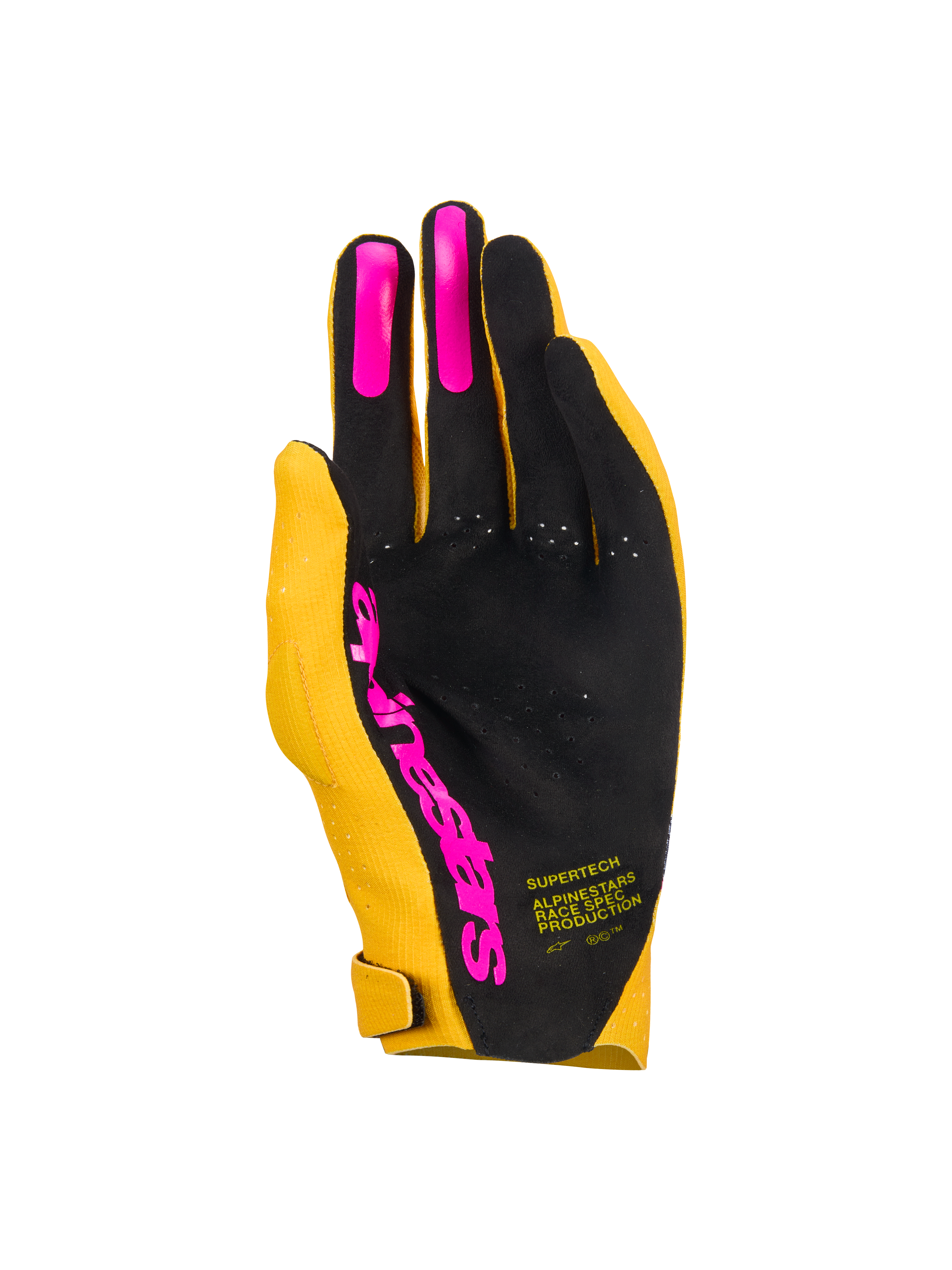 Gants Alpinestars Supertech MX, gants de motocross, or, noir et rose fluo, vue de la paume présentant une paume perforée monocouche avec grips en silicone rose sur les doigts et logo Alpinestars, équipement de course léger