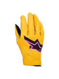 Alpinestars Supertech MX Gloves, gants de motocross, or, noir et rose fluo, avec construction extensible monocouche perforée au laser, logo étoile noir avec bordure rose, design respirant et flexible pour la course tout-terrain