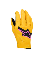 Alpinestars Supertech MX Gloves, gants de motocross, or, noir et rose fluo, avec construction extensible monocouche perforée au laser, logo étoile noir avec bordure rose, design respirant et flexible pour la course tout-terrain