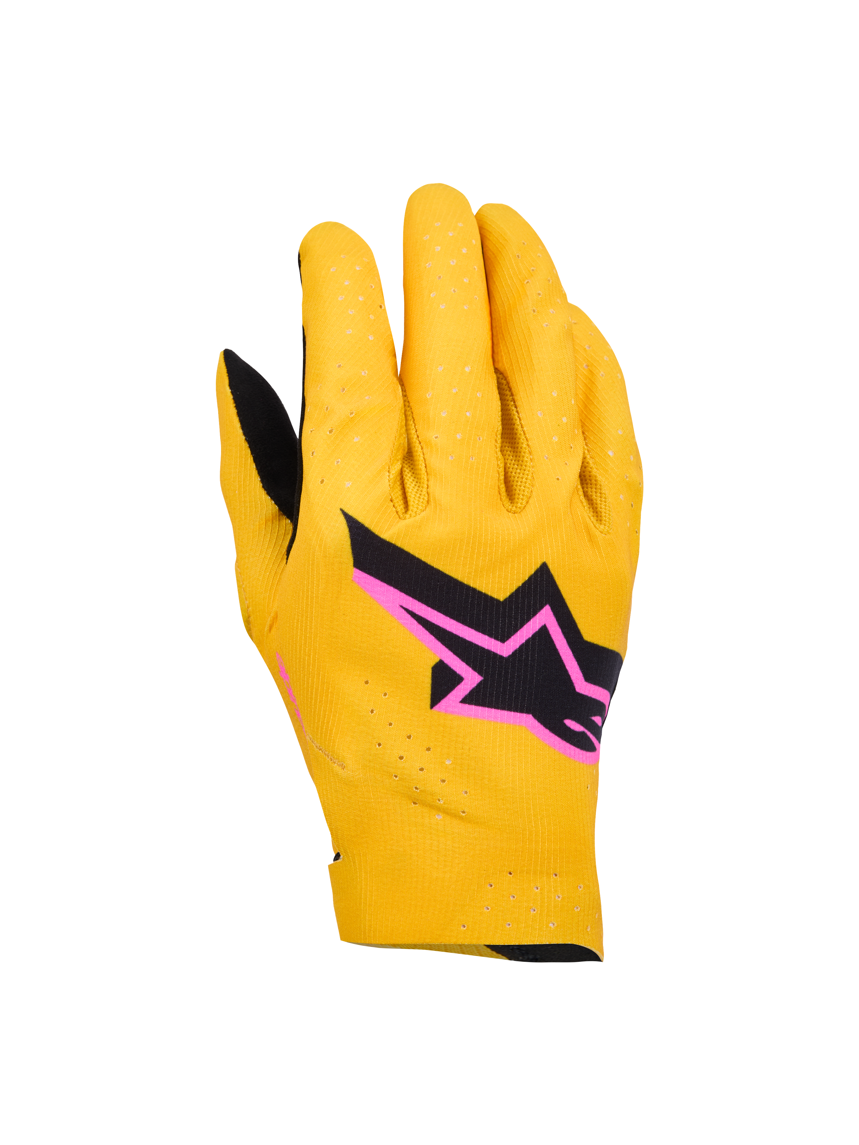 Alpinestars Supertech MX Gloves, Motocross Racing Gloves, Gold, Black and Fluo Pink, featuring laser-perforated single-layer stretch construction, black star logo with pink border, breathable and flexible design for off-road racing