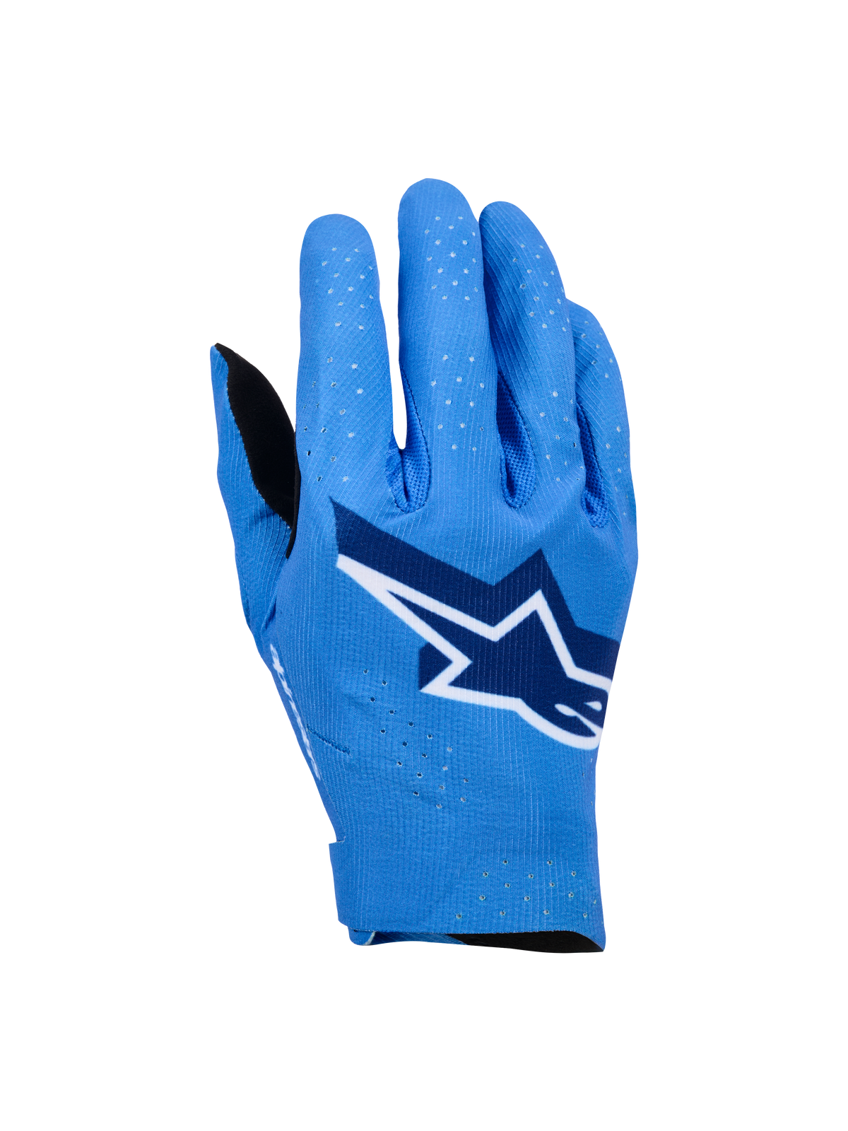 Gants Alpinestars Supertech MX, gants de motocross, bleu UCLA avec accents bleu foncé et blanc, dotés d'un grand logo étoile sur le dos de la main, perforations laser pour la respirabilité et conception ergonomique sans couture pour la conduite tout-terrain.