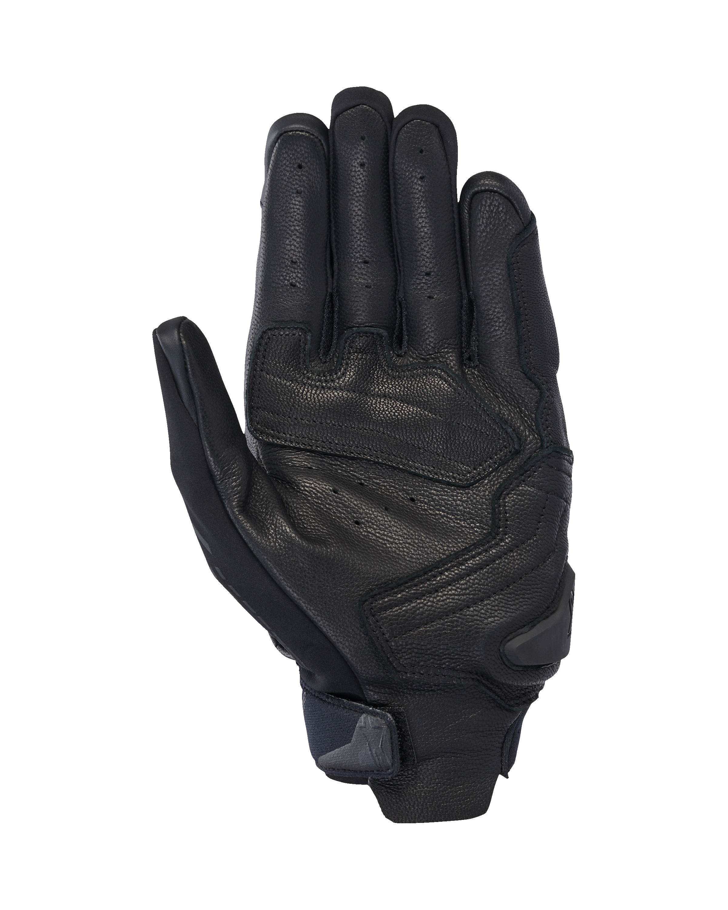 Alpinestars SP X 7 Gloves, Short Motorcycle Gloves, Black, palm view showing perforated leather for ventilation, reinforced palm overlays with a slider, and a compact wrist strap with an integrated pull tab