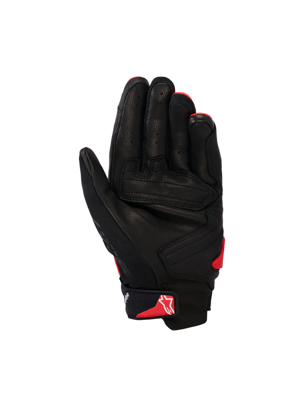 Gants Alpinestars SP X 7, gants de moto à manchette courte, noir et rouge vif, vue de la paume montrant la construction en cuir perforé, les panneaux de paume renforcés et le logo Astars rouge sur la sangle du poignet