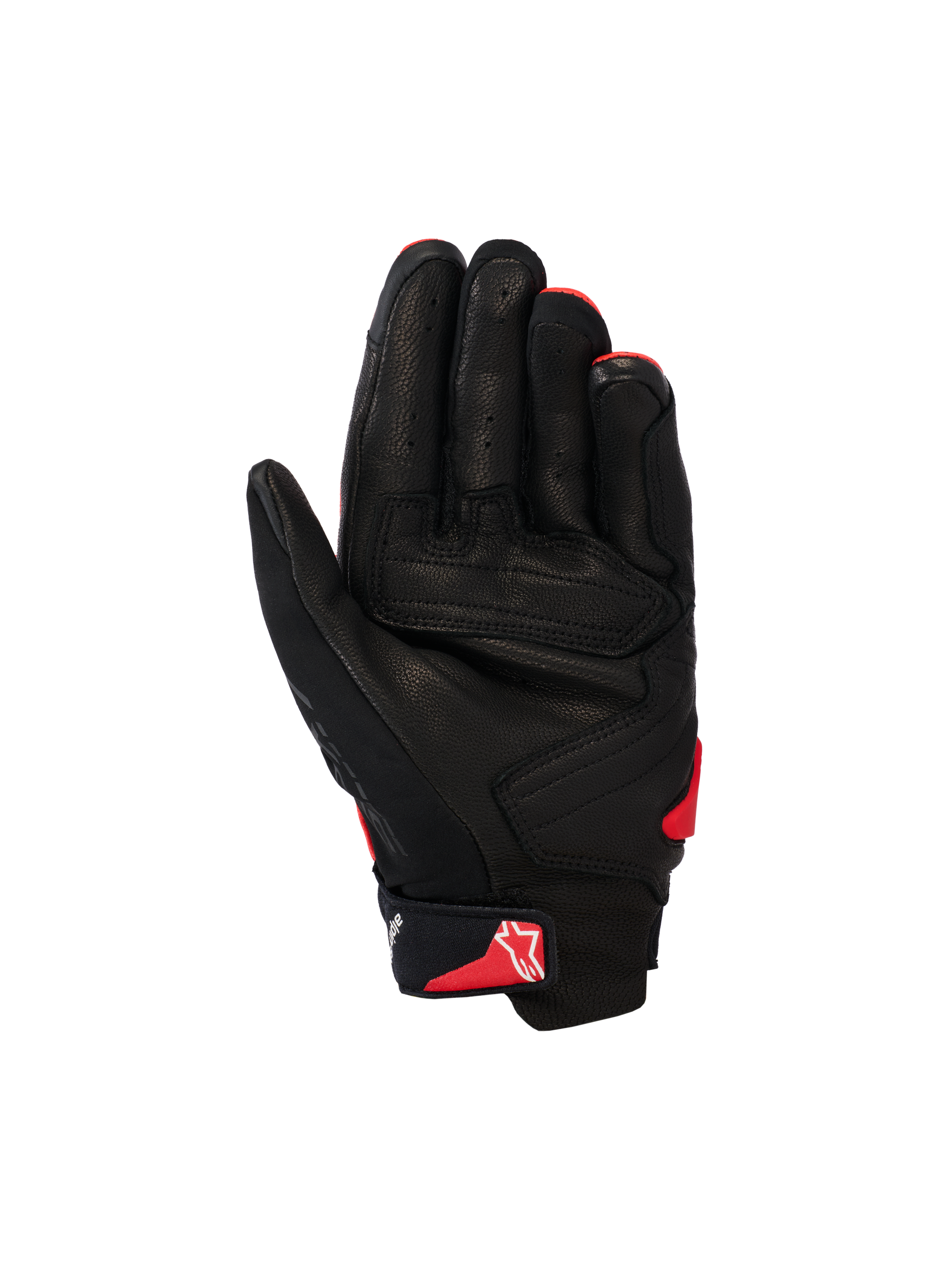 Gants Alpinestars SP X 7, gants de moto à manchette courte, noir et rouge vif, vue de la paume montrant la construction en cuir perforé, les panneaux de paume renforcés et le logo Astars rouge sur la sangle du poignet