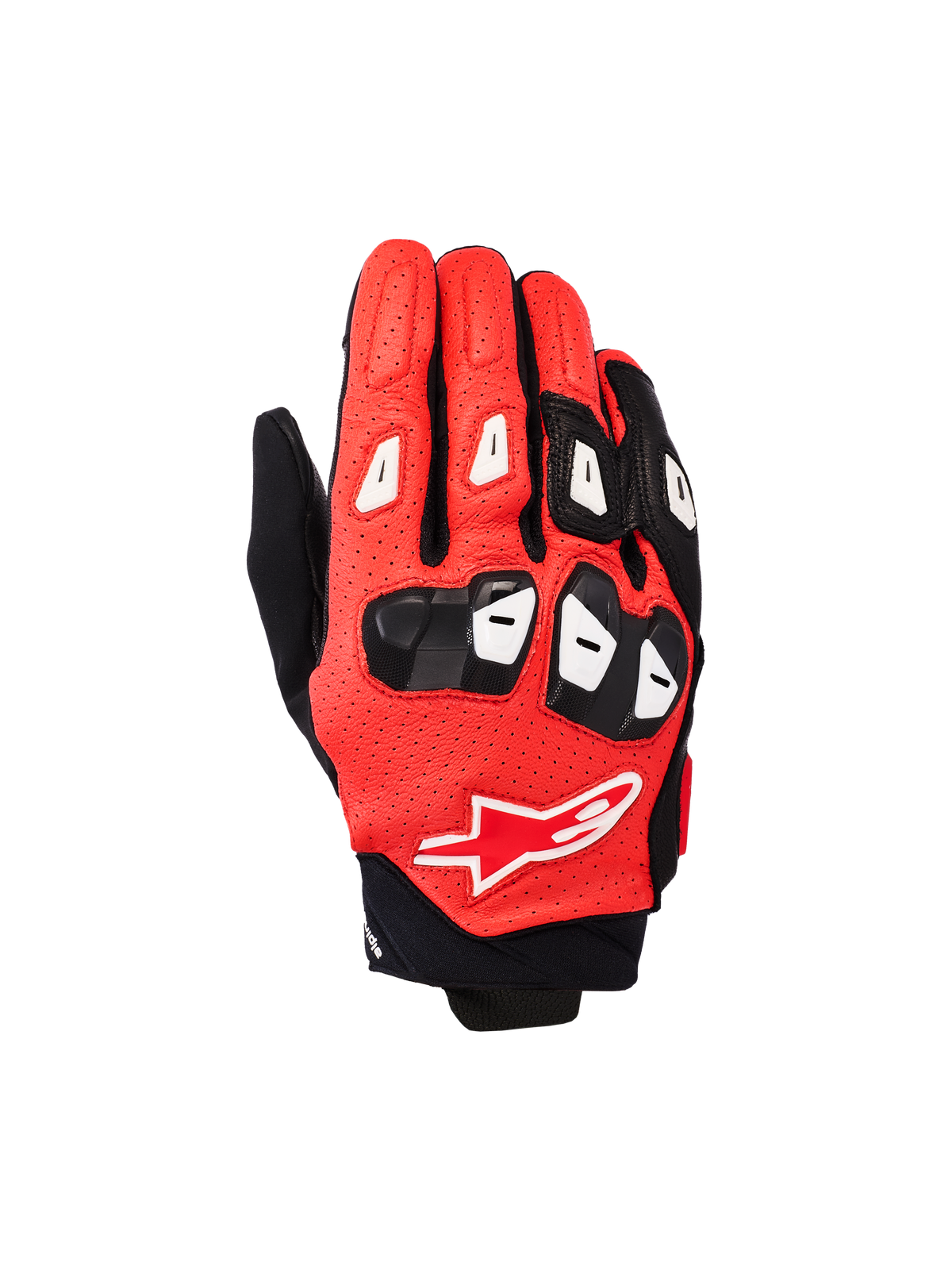 Alpinestars SP X 7 Gloves, short-cuff motorcycle racing gloves, Black Bright Red White, featuring perforated leather construction, TPU knuckle and finger protection, and the Alpinestars star logo on the back of the hand