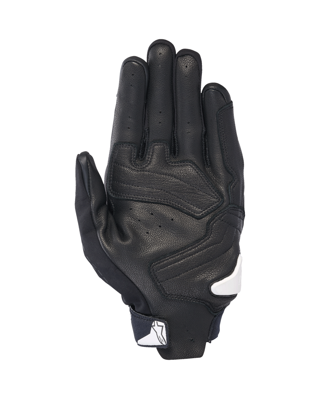 Gants Alpinestars SP X 7, vue de la paume, noir avec accents blancs, gants de moto à manchette courte dotés de cuir perforé, de renforts sur la paume et d'un logo Alpinestars blanc sur la fermeture du poignet