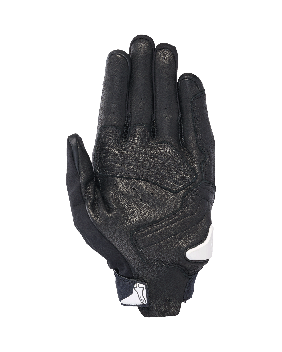 Gants Alpinestars SP X 7, vue de la paume, noir avec accents blancs, gants de moto à manchette courte dotés de cuir perforé, de renforts sur la paume et d'un logo Alpinestars blanc sur la fermeture du poignet