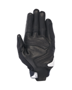 Gants Alpinestars SP X 7, vue de la paume, noir avec accents blancs, gants de moto à manchette courte dotés de cuir perforé, de renforts sur la paume et d'un logo Alpinestars blanc sur la fermeture du poignet