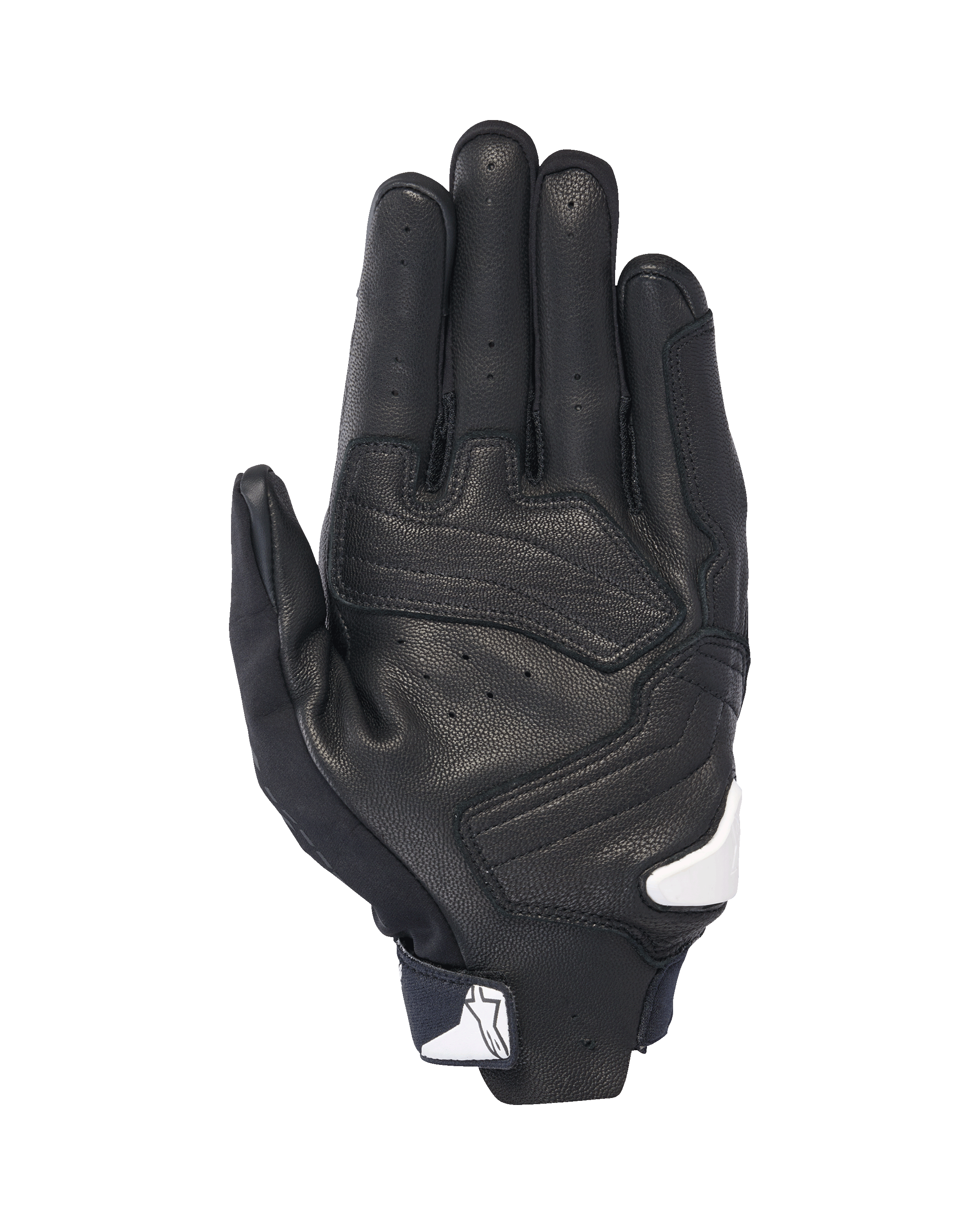 Gants Alpinestars SP X 7, vue de la paume, noir avec accents blancs, gants de moto à manchette courte dotés de cuir perforé, de renforts sur la paume et d'un logo Alpinestars blanc sur la fermeture du poignet