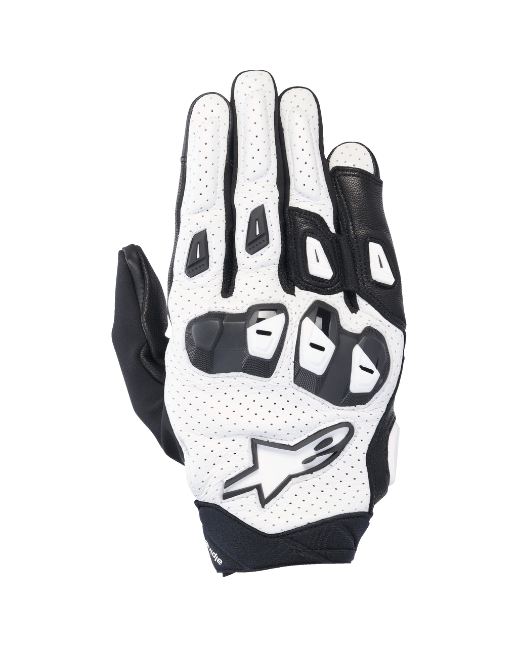 Alpinestars SP X 7, gants de moto sport courts, blanc et noir, dotés d'une construction en cuir perforé et de protections d'articulations en TPU double densité, logo étoile blanc, design ventilé pour la conduite estivale haute performance