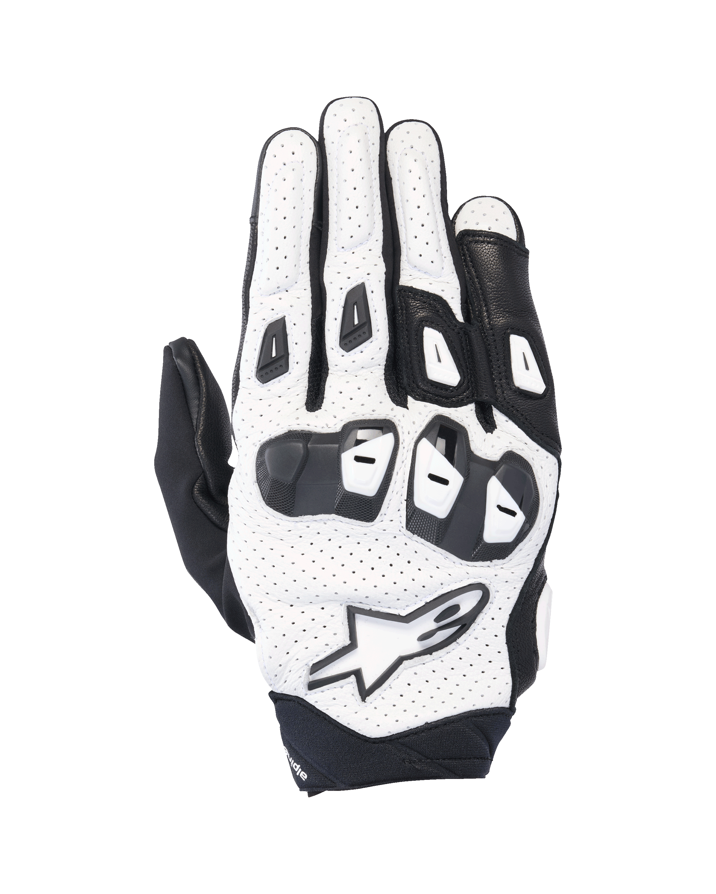 Alpinestars SP X 7, gants de moto sport courts, blanc et noir, dotés d'une construction en cuir perforé et de protections d'articulations en TPU double densité, logo étoile blanc, design ventilé pour la conduite estivale haute performance