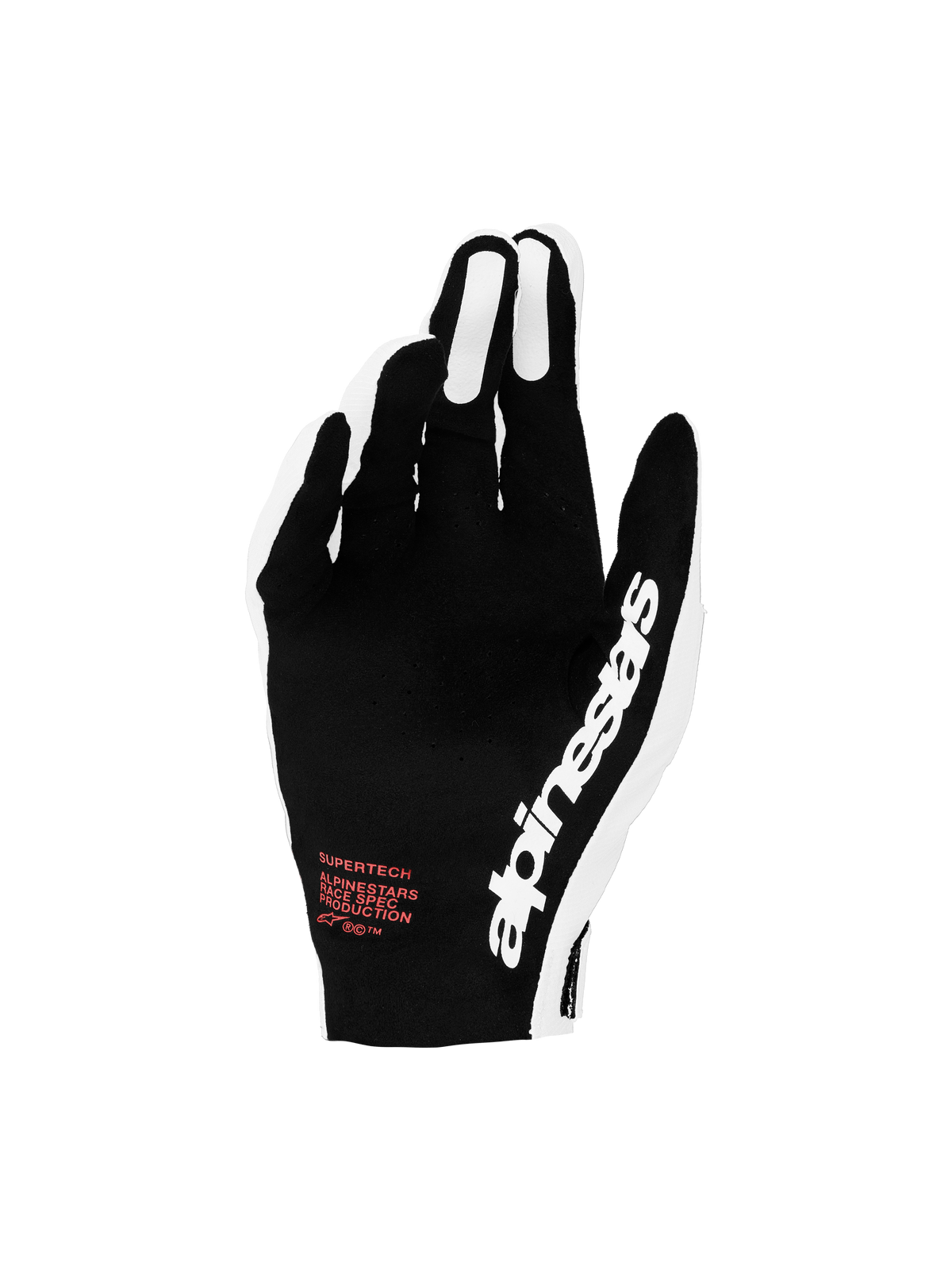 Alpinestars Supertech MX 2027, gants de moto pour motocross, noirs et blancs avec détails rouges et dos perforé.