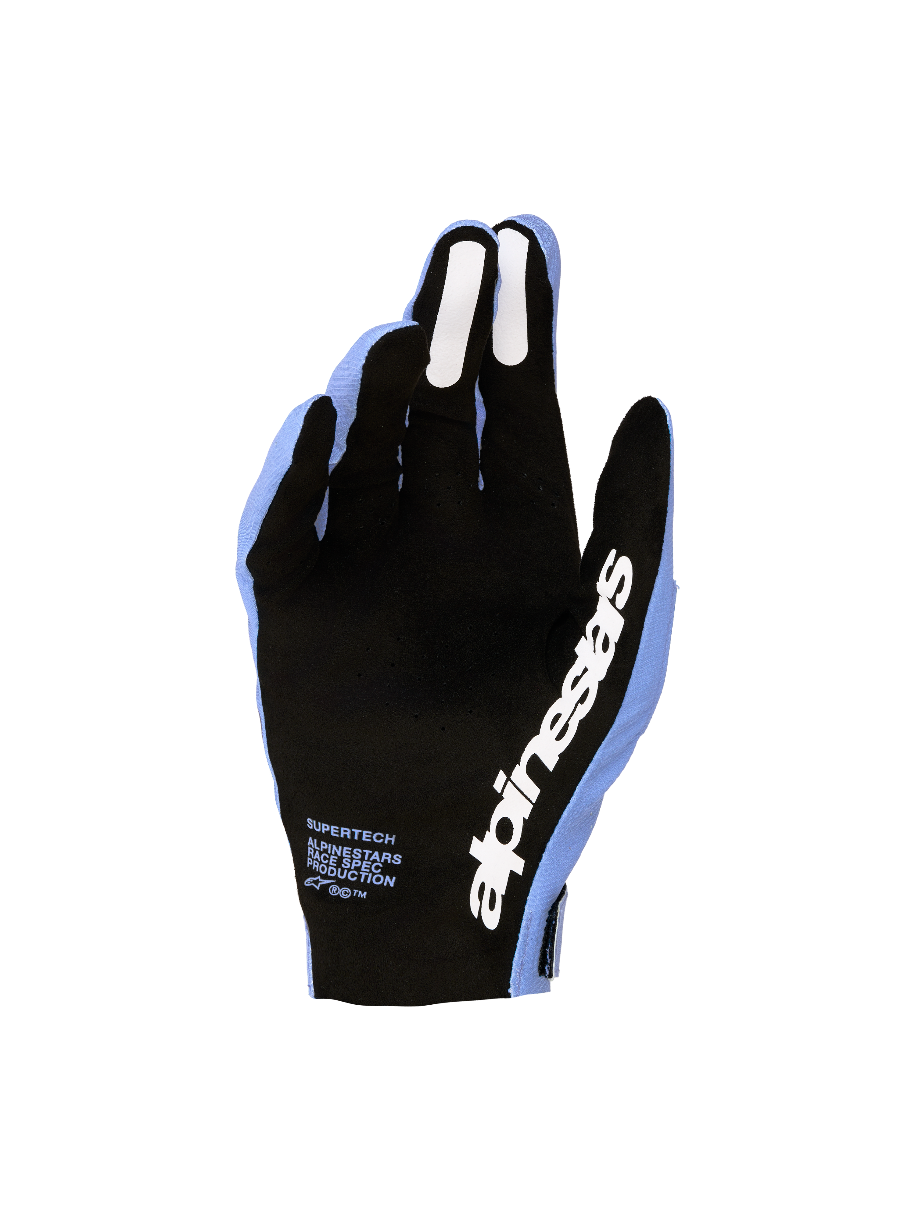 Alpinestars Supertech MX Gloves, Light Violet and Black motocross gloves with perforated palms and silicone finger grips.