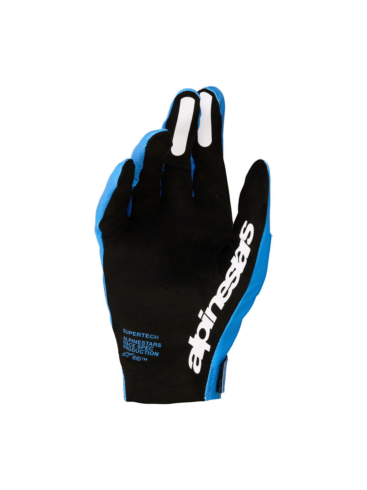 Gants Alpinestars Supertech MX 2027, gants de motocross, homme, bleus et noirs, paume perforée et grips en silicone blancs