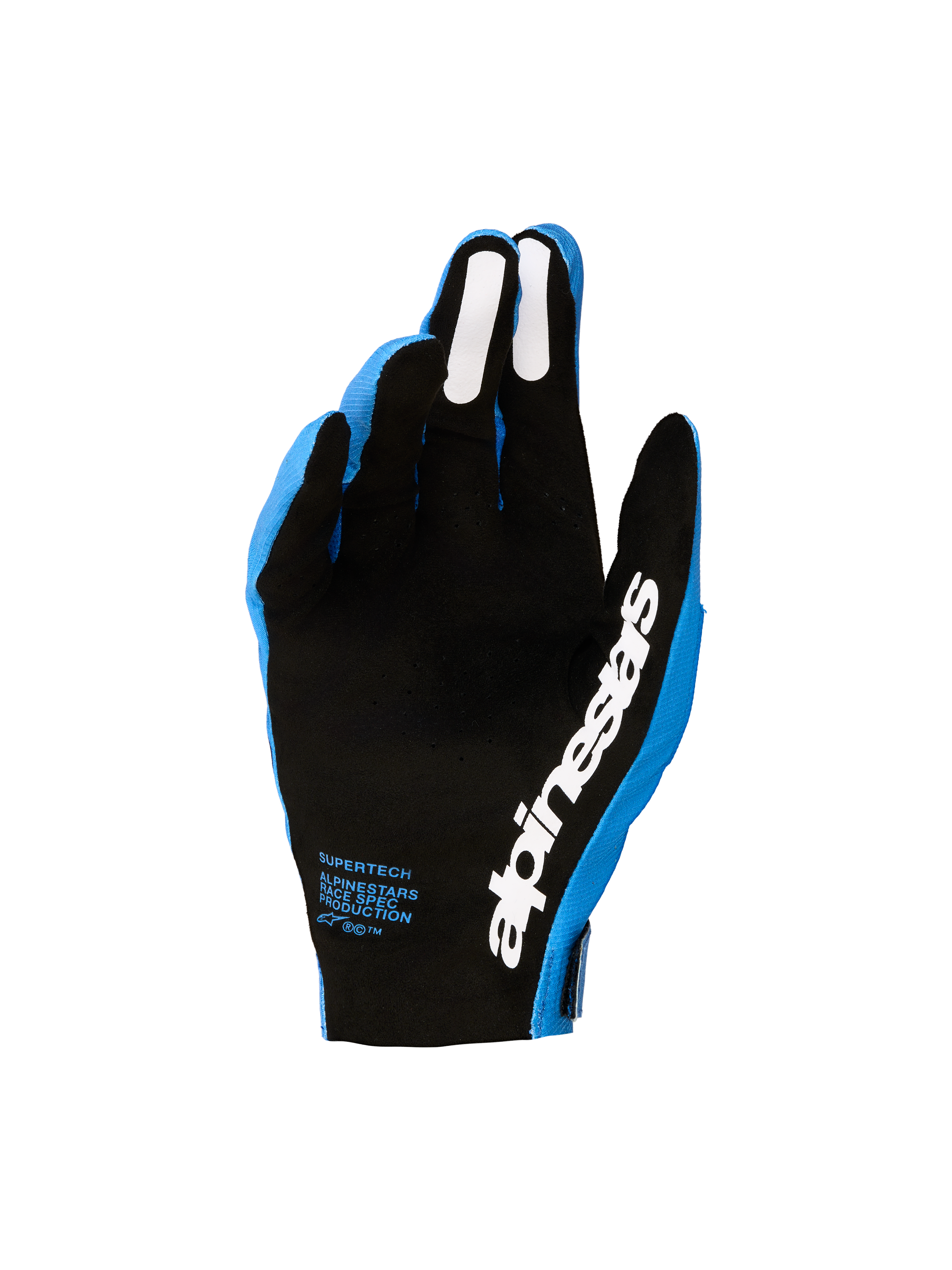 Gants Alpinestars Supertech MX 2027, gants de motocross, homme, bleus et noirs, paume perforée et grips en silicone blancs