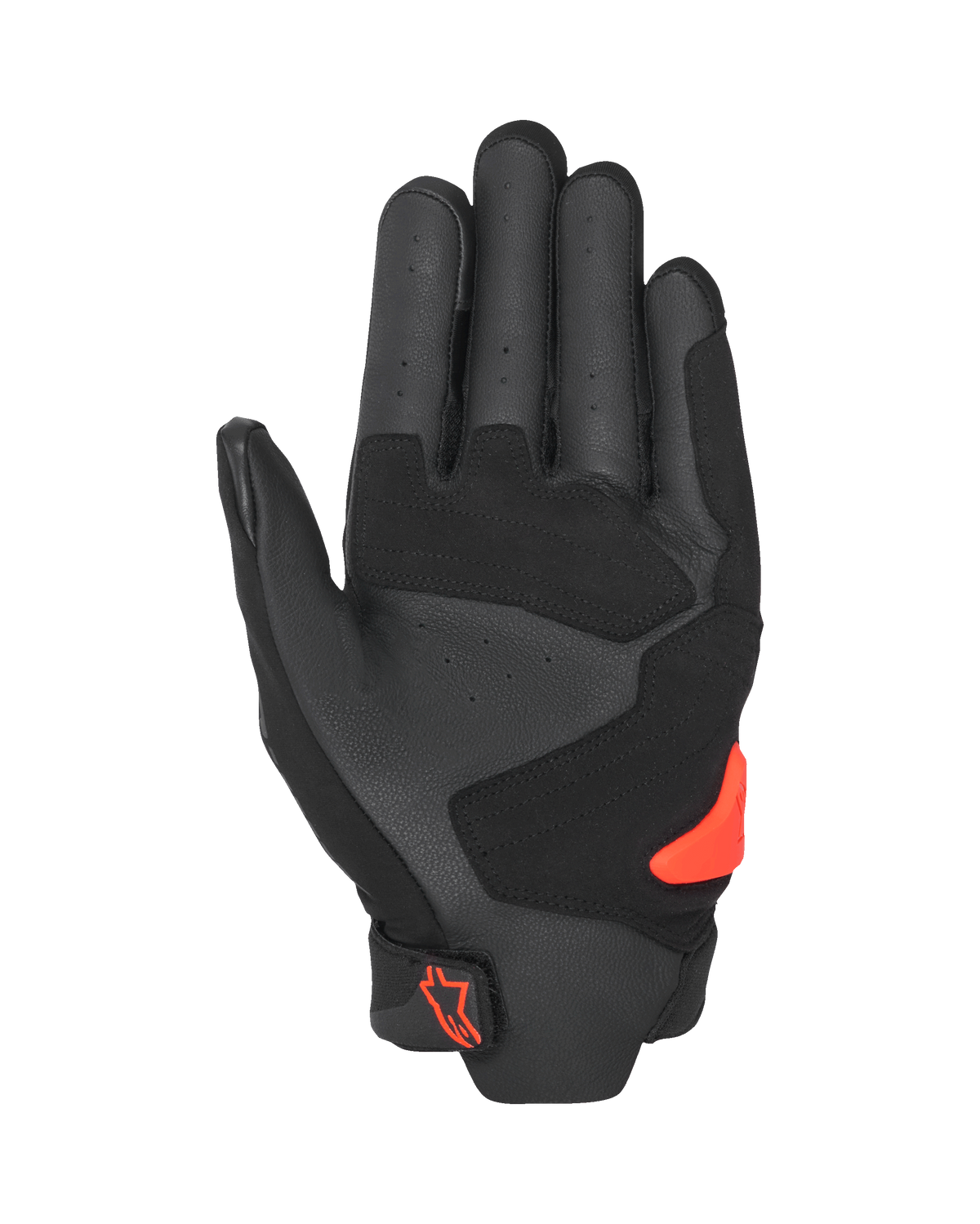Gants Alpinestars SP X 5 Air, vue de la paume, noir et rouge fluo, paume en cuir perforé avec panneaux renforcés, slider de paume en TPR rouge vif, logo Alpinestars rouge sur la fermeture du poignet, gants de moto sportifs