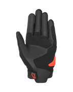 Gants Alpinestars SP X 5 Air, vue de la paume, noir et rouge fluo, paume en cuir perforé avec panneaux renforcés, slider de paume en TPR rouge vif, logo Alpinestars rouge sur la fermeture du poignet, gants de moto sportifs