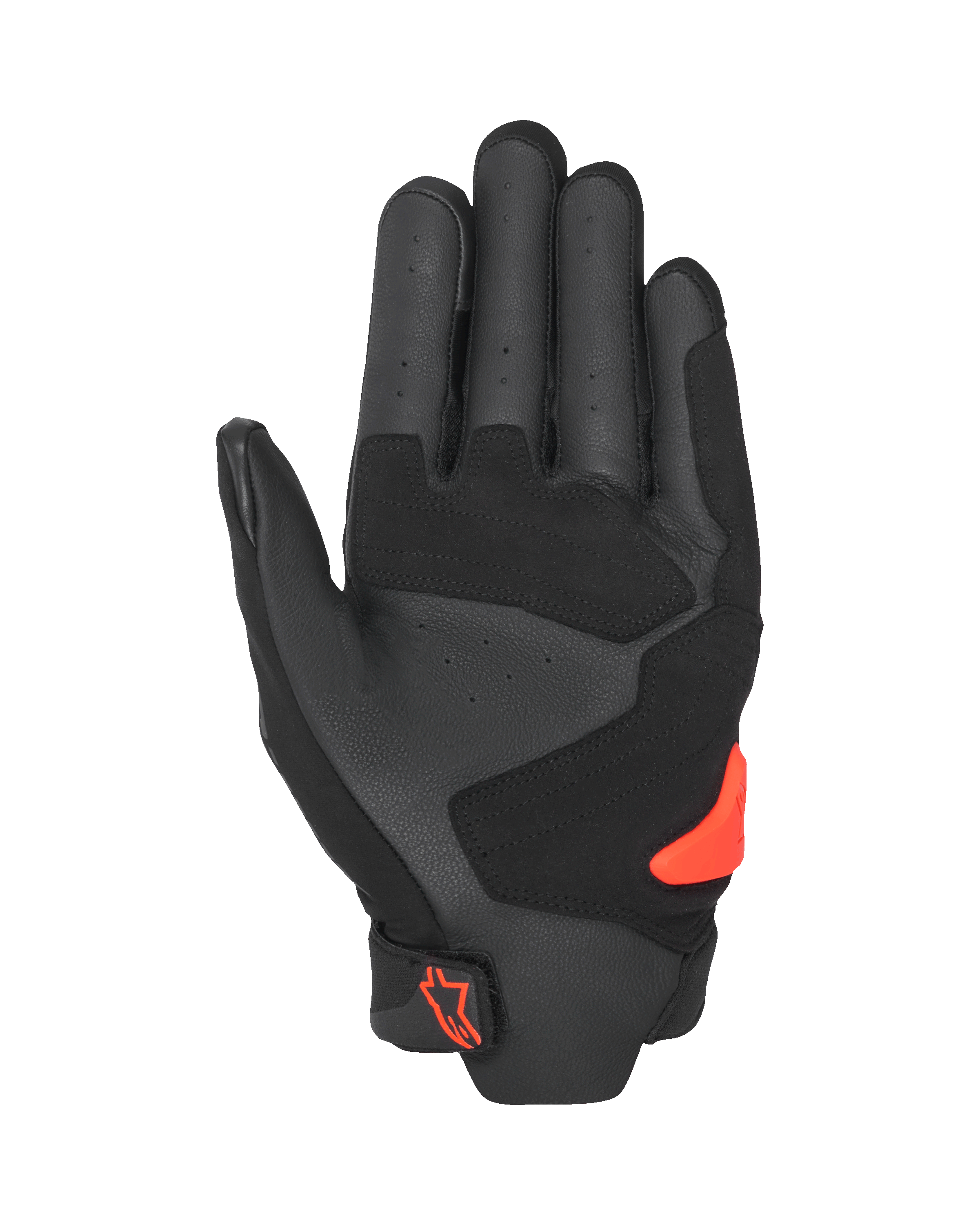 Gants Alpinestars SP X 5 Air, vue de la paume, noir et rouge fluo, paume en cuir perforé avec panneaux renforcés, slider de paume en TPR rouge vif, logo Alpinestars rouge sur la fermeture du poignet, gants de moto sportifs